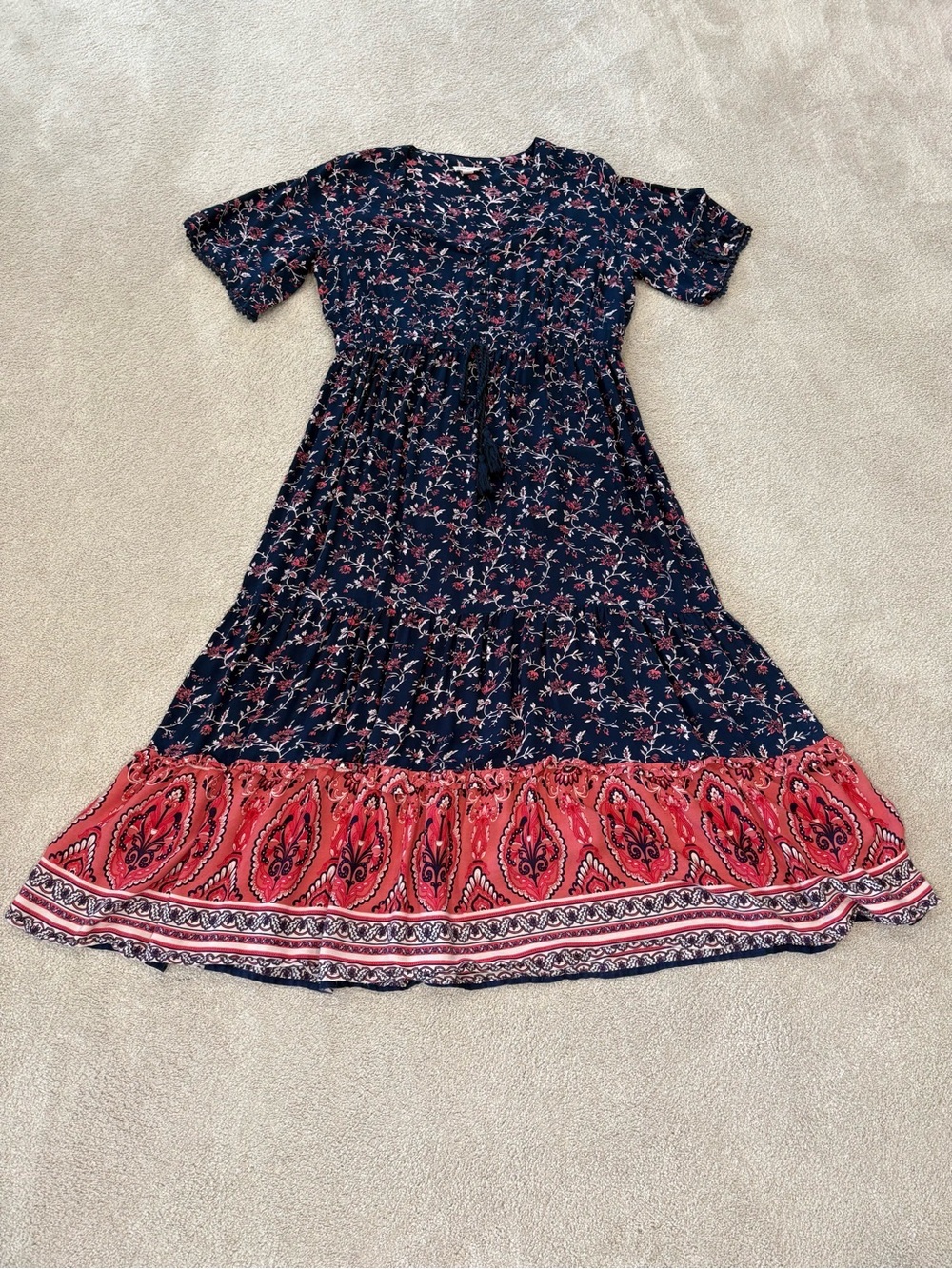 Violet Skies Boho Floral V-Neck Flowy Short Sleeve Navy Maxi Dress Women Size XL - Picture 3 of 15